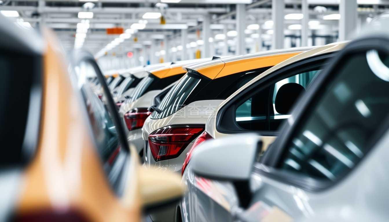 汽車在汽車工廠里排成一排